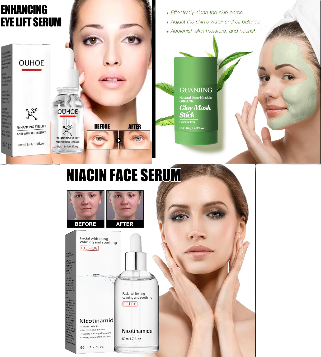 Kit de rostro perfecto 1 Serum facial con nicotinamida + 1 Serum quita Ojeras + 1 Mascarilla de té verde.